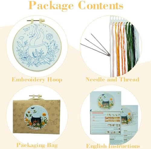 Floral Witch Hat Embroidery Kit Halloween Cross Stitch Material Set with Bat Skull Flower Pumpkin Patterns, DIY Hand Needlepoint Embroidery Craft Kit for Beginners Professional (Floral Cauldron B)