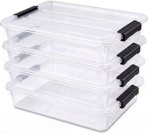 6 Qt Clear Storage Bins with Lids,Sensory Bins,Stackable Plastic Containers with Secure Latches,Multi-Purpose Classroom Storage Organizer for Craft Supplies,Paper & Office Stationery,4 Pack,Black