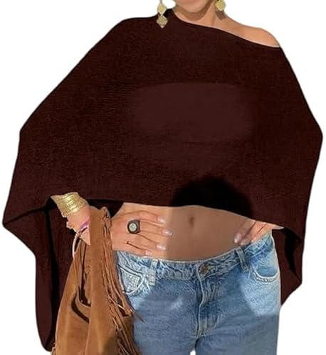 Nicoxijia Women Y2K Sheer Knit Poncho Top Lightweight Summer Beach Knit Shrug Shawl Bolero Off Shoulder Mesh Sweater Cover Up