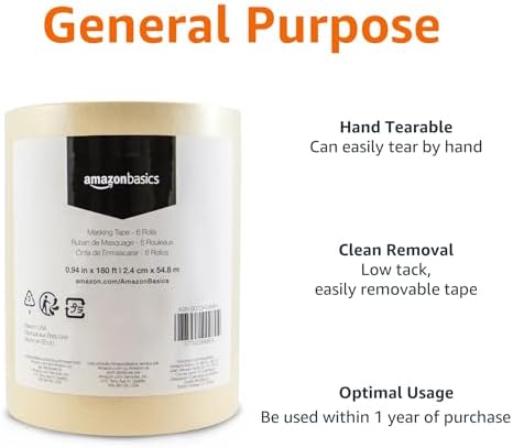 Amazon Basics Masking Tape for Light Duty Applications, Labeling, Easy Removal, Tears by Hand, 0.94" x 180', Beige, 6 Rolls