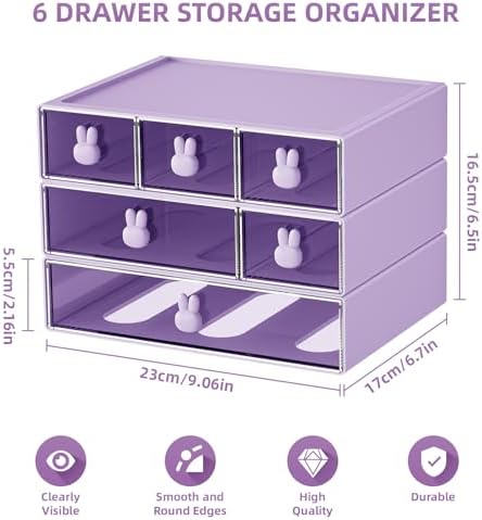 Marbrasse Desk Organizer with 6 Drawers, 3 Tier Stackable Storage Drawers Plastic Makeup Storage, Office Organizers and Storage, Desk Storage Box for Office, School, Home Purple