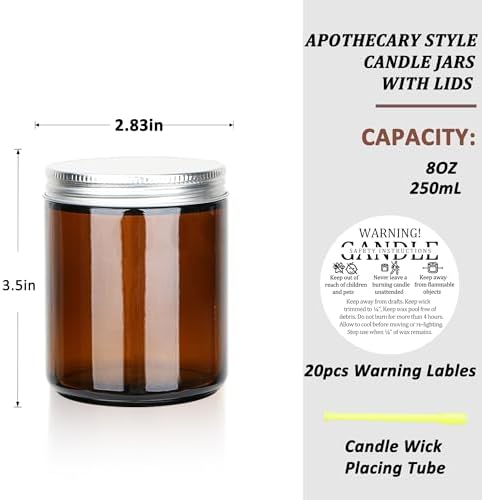 MILIVIXAY 20 Pack 8 OZ Thick Glass Dark Amber Candle Jars with Silver Lids-Bulk Empty Candle Jars for Making Candles-Canning Jar for Spice, Liquid, Sample- Dishwasher Safe.