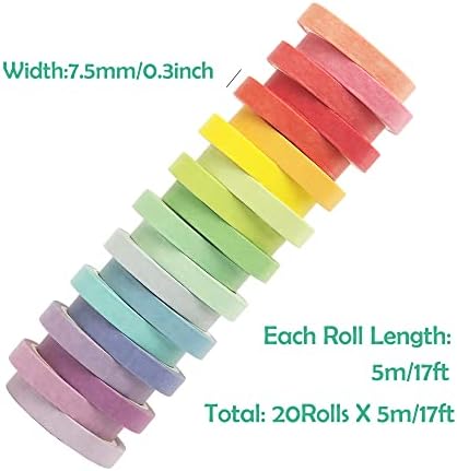 20 Rolls Washi Tape Set, Rainbow Washi Tape Colorful Masking Tape 7.5mm Wide, Thin Decorative Tape for Bullet Journal, Book, Planner, Scrapbooking, DIY Arts Crafts