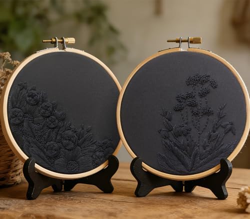 Armindou Black Flowers Embroidery Kits for Beginners Adults, Floral Hand Embroidery Set Needlepoint DIY Kit, Stamped Cross Stitch Kits for Beginners Adult, 2 Embroidery Hoops (Attached Video Tutorial)