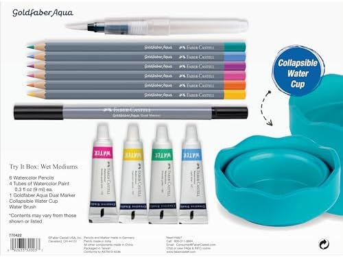Faber-Castell Try It Box: Wet Mediums, 13 Piece Watercolor Art Set including Watercolor Pencils & Paint, Water Brush Pen and Paint Water Cup