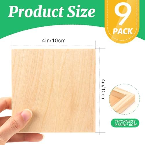 ESRICH 4x4 Inch Wood Panels, 9 Pack Square Craft Wood Canvas Boards, Blank Unfinished Wooden Art Board for DIY Art Creations Such as Painting, Acrylic Pouring, Resin, Burning, Collage, etc.
