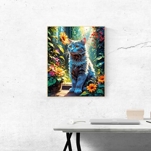 ldazao Cat Framed Paint By Numbers Kit for Adults Canvas Cats Sunflower Adult Paint By Number Artist Kits for Beginner DIY Easy Cat Garden Flower Oil Painting Home Room Decor Gift 9.5x12 Inch