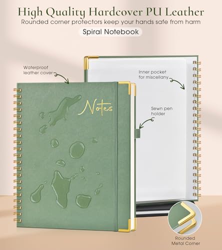 Blank Spiral Notebook Journal 8.5” x 11”, A4 Large Hardcover Sketch Book for Women Men, 100 GSM Blank Paper Drawing Notebook, Spiral Bound Sketchbook for Sketching School Work Note Taking, Green