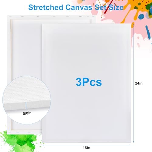 Stretched Canvas for Painting 18 x 24 Inch, 3 Pack Large Canvas, Triple Primed Acid-Free Cotton, Canvas for Acrylic Oil Pouring & Wet Media