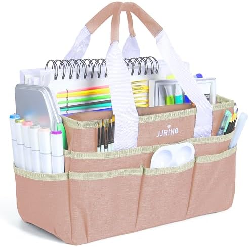 JJRING Craft Organizer Tote Bag Art Storage Caddy Bluish Beige | With Multiple Pockets For Sewing, Scrapbooking, School, Medical, And Office Supplies