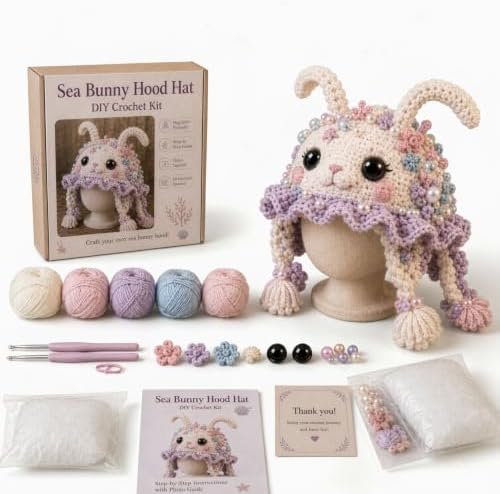 Ocean Series Hood Hat DIY Crochet Kit, Create Your Own Ocean Inspired Character Hood, Handmade Art Crafts for Beginners Adults, Fun Creative Gift for Crochet Lovers，Hermit Crab (Sea Bunny)