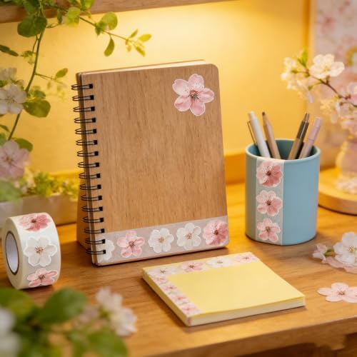 Cherry Blossom Flower Stickers Roll,500PCS Pink & White Sakura Decorative Stickers for Scrapbooking Journaling Gift Wrapping Card Making DIY Crafts Spring Floral Decals