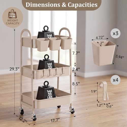 danpinera 3-Tier Rolling Cart, Utility Cart Mobile Metal Rolling Storage Cart with Lockable Wheels & Hanging Cups & Hooks for Kitchen, Bathroom, Office, Workshop, Beige