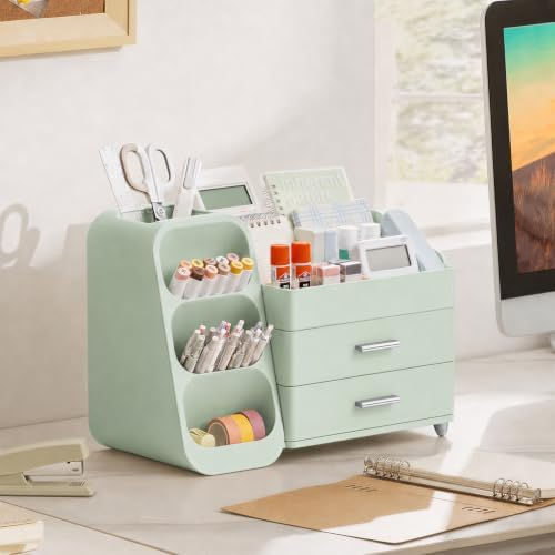 HBlife Desk Organizer with Pen Pencil Holder for Desk, Pen Organizer with 2 Drawers, Desk Organizers and Accessories with 4 Compartments, Desktop Storage for Office Home School Art Supplies, All Green