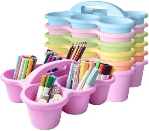 6 Pack Classroom Caddy Organizer with Handle Pastel Plastic Table Caddy 6 Compartments Storage Cup Holder for School Supplies Art Crafts Crayons Pencils Stackable Desk Caddy for Office Home