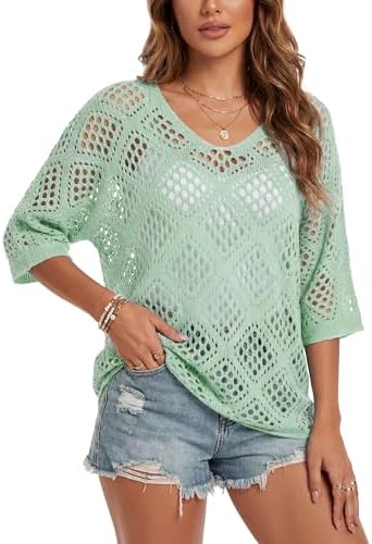 Womens Crochet Top Summer 3/4 Sleeve Cover Up V Neck Boho Tops