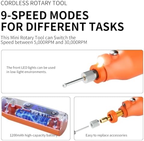 Cordless Rotary Tool Kit - 9-Speed Adjustable with USB Charging | Multi-Purpose Engraving Pen for Sanding, Polishing, Drilling & DIY Crafts | Includes 3D Printing Accessories (Orange with Light)