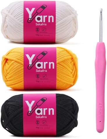 Crochet Yarn 150g/163.5yds Cotton Yarn for Crocheting & Knitting - Chunky Cotton-Nylon Blend (Black+White+Golden Yellow)