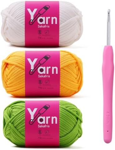 Crochet Yarn 150g/163.5yds Cotton Yarn for Crocheting - Crochet Knitting Yarn for Beginners with Easy-to-See Stitches - Yarns for Crocheting - Chunky Yarns (Golden Yellow+White+Emerald Green)