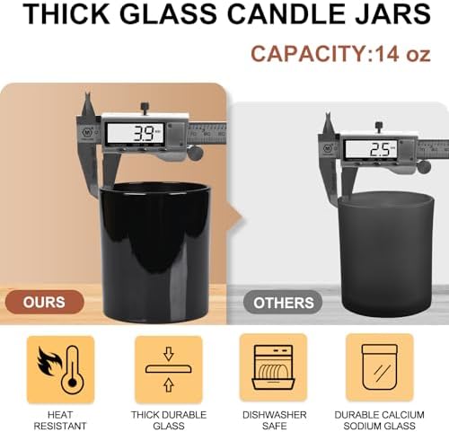 SHOWIN Thick Candle Jars for Making Candles 12 Pcs, 14 OZ Empty Jars with Wood Lids for Candle Making, Sample Container, Glossy Black