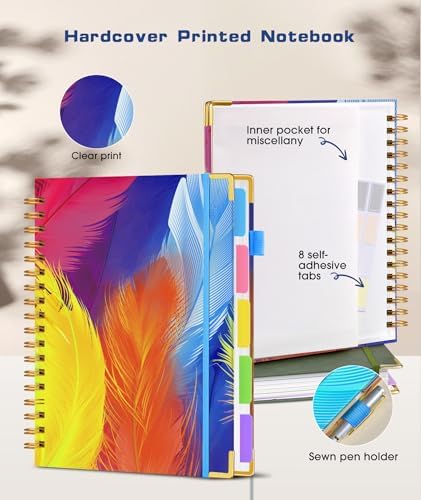 Hardcover Spiral Notebook journal with Removable Dividers Tabs, 300 Pages 5 Subject Notebook College Ruled, 100GMS Notebooks for Work School Note taking,Lined Journal for Women,Colorful Feather