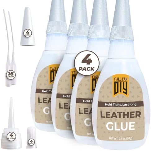 Y'allCanDiy Super Glue for Leather 4 Pk x .7 Oz. (20g)- Leather Glue - Adhesive for Purses, Sofas and Furniture. Heavy Duty Waterproof Cyanoacrylate Based Adhesive for Leathercraft, Upholstery