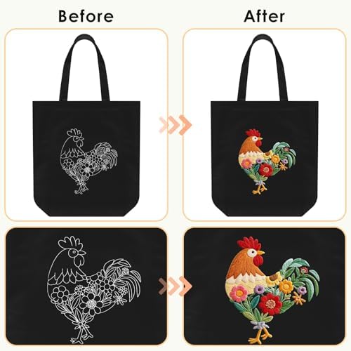 ERKOON Canvas Tote Bag Embroidery Kit for Beginners, Needlepoint Arts Crafts Cross Stitch Kits for Adults Including Stamped Embroidery Bag with Hoops, Needle, Instruction and Color Threads (Rooster)