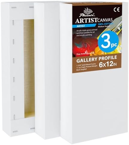 PHOENIX 6x12 Inch 3 Pack Gallery Canvas - Small Long 1.5 in Thick Canvases for Painting - Deep Edge 100% Cotton 11 Oz. Gesso Primed White Blank Professional Canvas Oil & Acrylic Paints