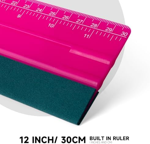 FOSHIO Professional Squeegee for Vinyl, Decals, Sticker Paper, Wallpaper, Window Film, Craft, Suede Felt Squeegee Smoothing Tool with Ruler, Pink (12 inches)