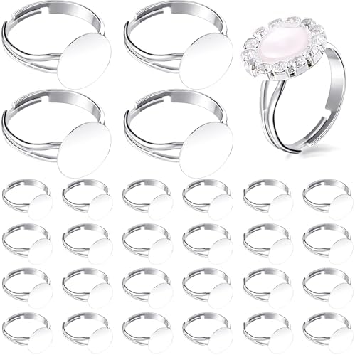Herdear 40pcs Adjustable Blank Rings 12mm Base, Silver
