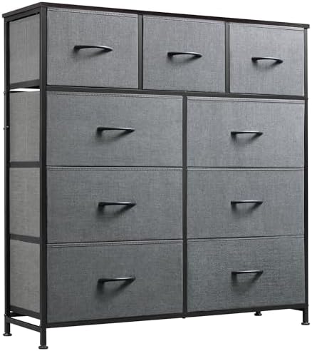 WLIVE Tall Dresser for Bedroom, 9 Drawer Chest of Drawers, Dark Grey | 9 roomy fabric drawers, Tall storage design, Bedroom or closet use, Sturdy steel frame, Smooth wood tabletop