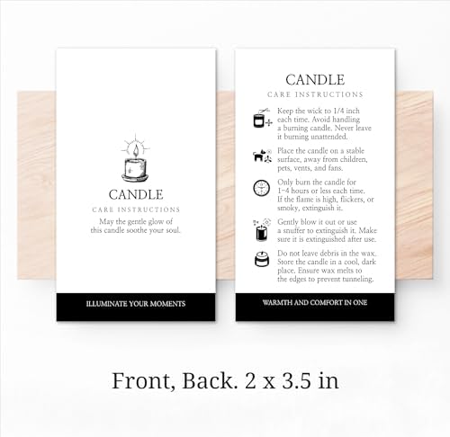200 pack - Premium Handmade Candle Care Instruction Cards White Black 2x3.5 in, Small Business | Soy Bees Wax Melt, Candle Makers, Making Supplies Kit Set, Containers, Jars, Package