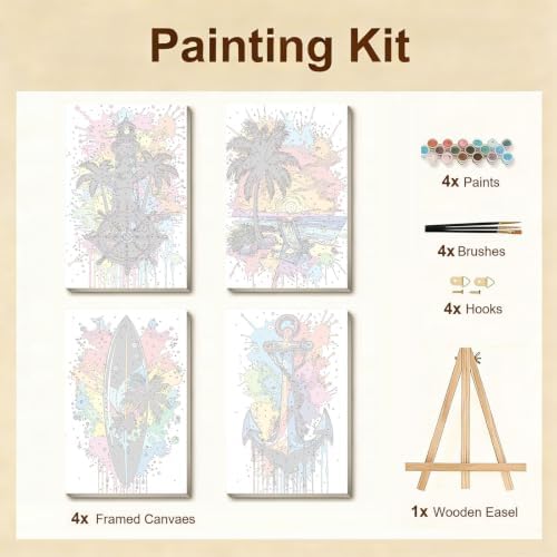 Gemozaic 4-Pack Beach Paint by Numbers Kit for Adults with Frame & Easel