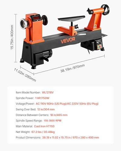 VEVOR Wood Lathe, 6Amp 1 HP Benchtop Wood Lathe Machine with 150 to 3800 RPM Variable Speed 12 x 18" Workbench Brushless DC Motor Cast Iron Construction for Beginners DIY Enthusiasts Woodworking
