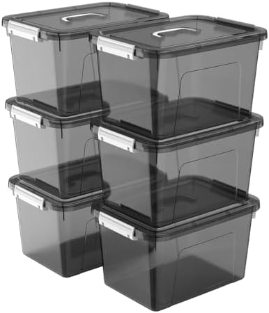 Stackable Plastic Black Storage Bins with Lids 6 Pack, 12 Quart Modular Organizer Boxes with Secure Latches for Closet, Pantry, Office and Small Item Storage
