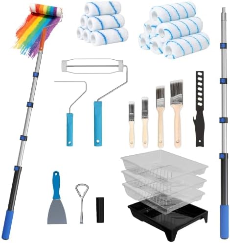 Paint Roller Kit with Extension Pole, 2-4FT Adjustable Pole, Professional 27-Piece Paint Kit, 4"9" Paint Rollers, Paint Brushes for Walls, Works with All Latex, Oil-Based Paints and Wood Finishes