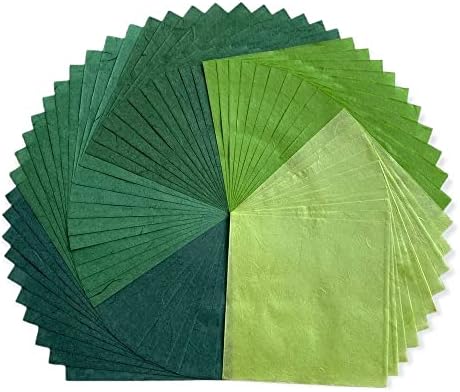 Natural Fiber Mulberry Paper Sheets 6 x 6 Inches, 50 PCS Handmade Craft Paper for Origami, Scrapbooking, Card Making, DIY Decoration, Mixed Media Art (Green Tone, 6x6 Inch)