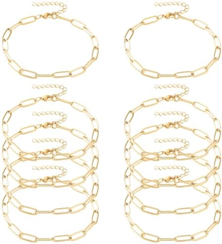 Exway 10 Pcs Paperclip Charm Bracelets Chain 6.5 Inch Stainless Steel Gold Chain Bracelets Kit with Lobster Clasps for Crafts DIY Women Jewelry Making