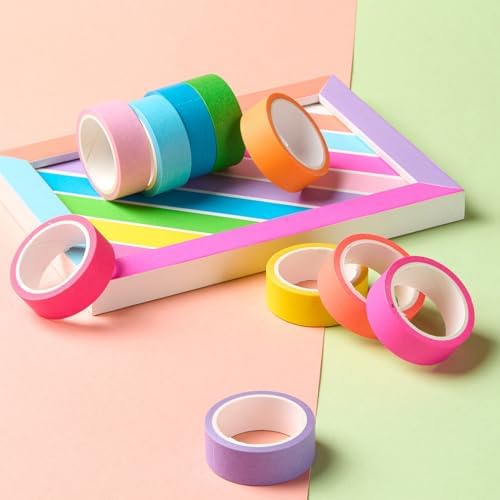 Colored Washi Tape Set 10 Rolls Fluorescent Solid Colors Decorative Masking Tapes for Arts, DIY Crafts, Journals, Planners, Scrapbook, Wrapping