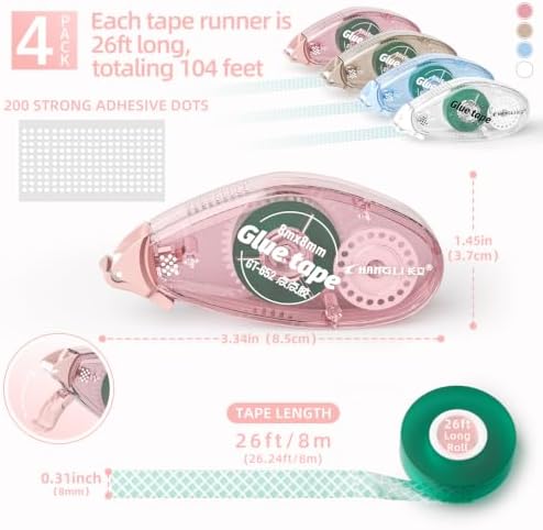 FUNSKY Scrapbook Tape Set, 4 Pack Glue Tape Roller with 200 Pcs Glue Dots | No Residue Double Sided Tape Roller for Crafts, Scrapbooking, Journaling, Gift Wrap, School Office Supplies(26 Ft x 0.31 in)