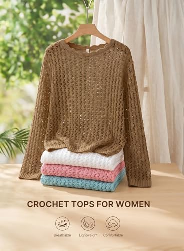 EVALESS Crochet Tops for Women Long Sleeve Hollow Out Knit Sweaters