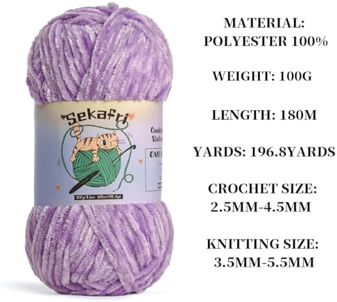3 Pack of 300g (590yds) Fuzzy Chenille Yarn for Crocheting,Fluffy Amigurumi Crochet Yarn for DIY Craft/Hat/Clothes, Soft Velvet Baby Blanket Yarns（3 Light Purple）