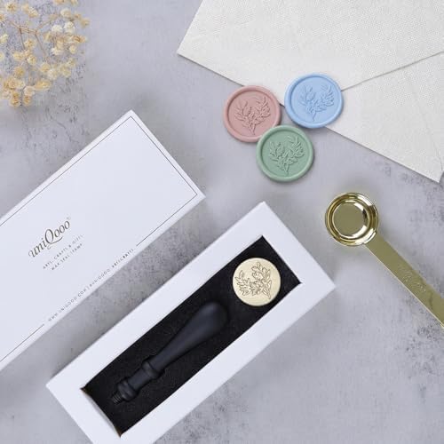 UNIQOOO Eucalyptus Wax Seal Stamp with Wooden Handle, Floral Botanical Theme Vintage Brass Stamp for Wedding Invitation, DIY, Gift Wrap, Envelopes, Christmas Card