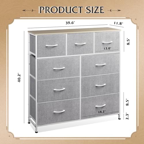 WLIVE Tall Dresser for Bedroom, 9 Drawer Chest of Drawers, Light Grey | 9 roomy fabric drawers, Tall storage design, Bedroom or closet use, Sturdy steel frame, Smooth wood tabletop