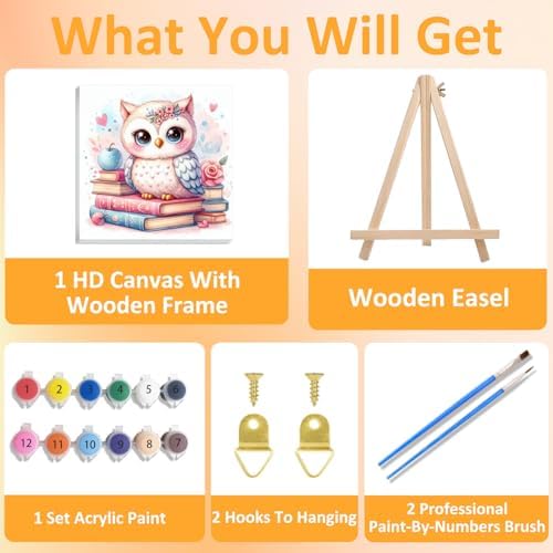 Owl Paint by Numbers Kit for Kids, 8x8 inch