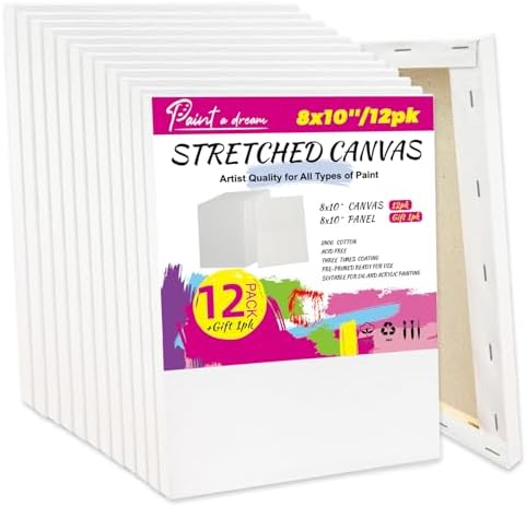 Stretched Canvas for Painting, 12Pack 8X10 Blank Canvas for Painting, Triple Primed 5/8" Profile Cotton Professional Artist Quality White Canvas,Ready to Paint, Art Supplies for Acrylic, Oil