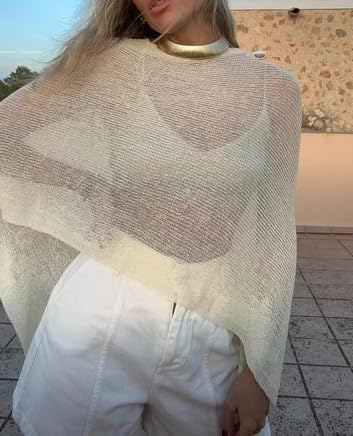 Women Sheer Poncho Shawl Top Lightweight Knit Pullover Beach Cover Up Tops