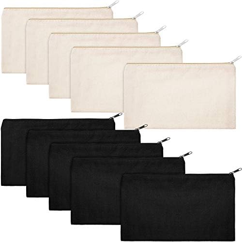 Gejoy 10 Pack Blank Canvas Cosmetic Bags Zipper Pouch DIY,S,Beige and Black