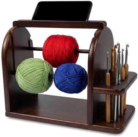 Yarn Holder for Crocheting, Wooden Yarn Spinner with Phone Stand, Dual Knitting Yarn Dispenser, Smooth Rotating Yarn Organizer with Tool Storage, Large Base Crochet Accessories Gifts for Mom