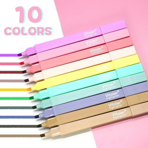 Vitoler Aesthetic Highlighters, Pastel Color, No Bleed, Chisel Tip 10Pcs | assorted color,dry fast,long lasting high for bible study,books,journal,writing,school office